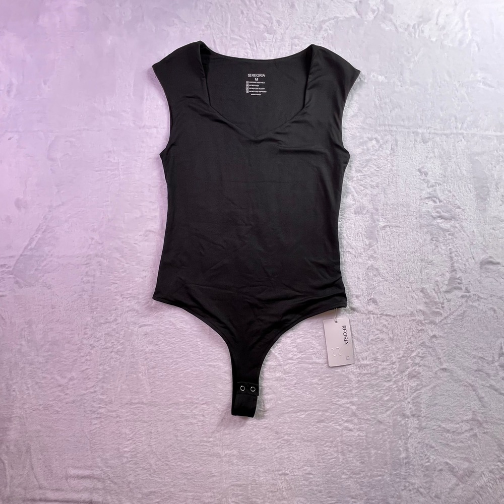 REORIA Womens Black V Neck Sleeveless Thong Bodysuit Size Medium New